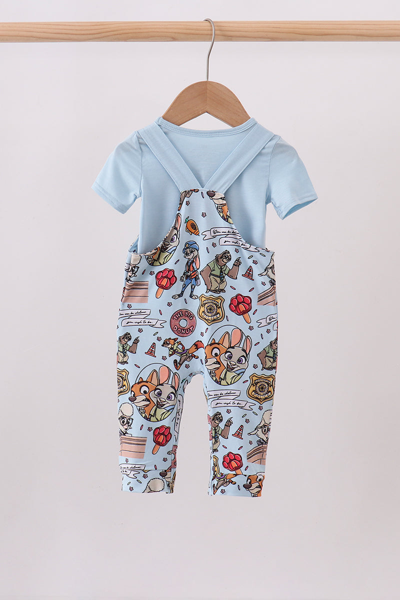 Blue character bamboo romper set