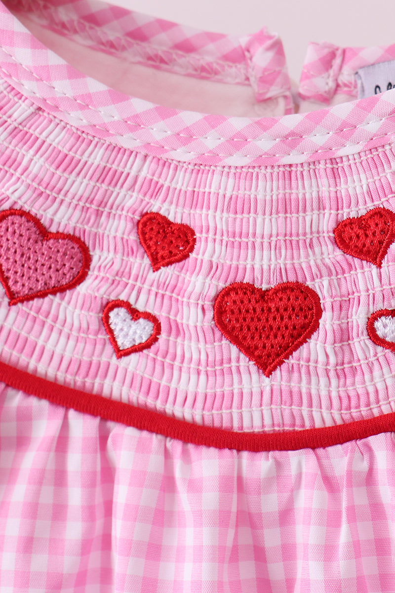 Pink heart smocked gingham bloomer set
