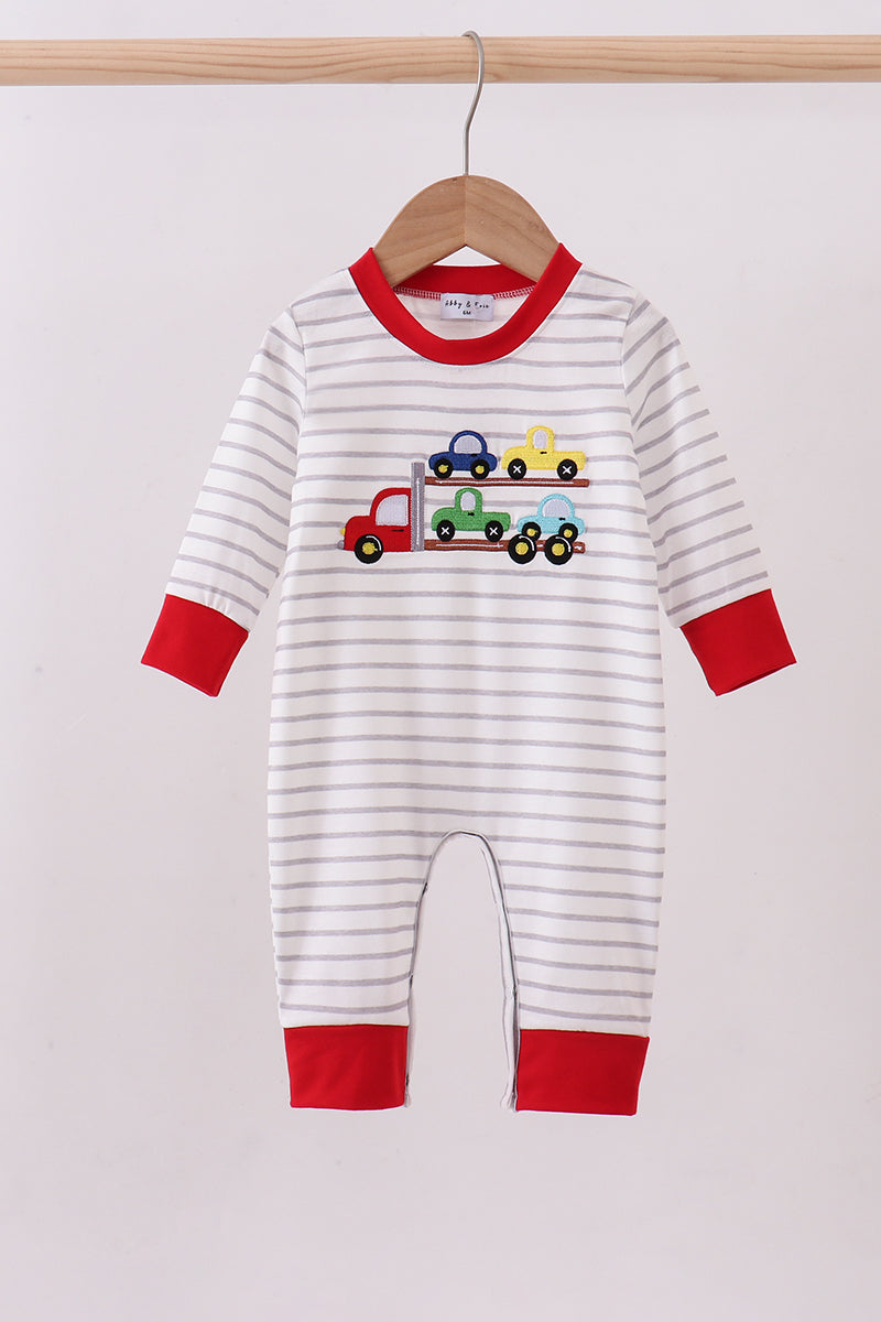 Red car embroidery stripe romper