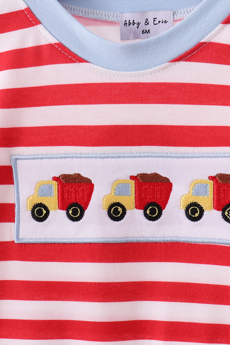 Red stripe construction embroidery romper