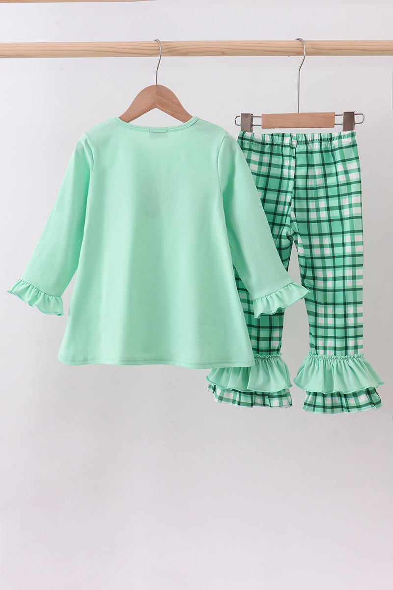 Green parade embroidery ruffle gingham pants set