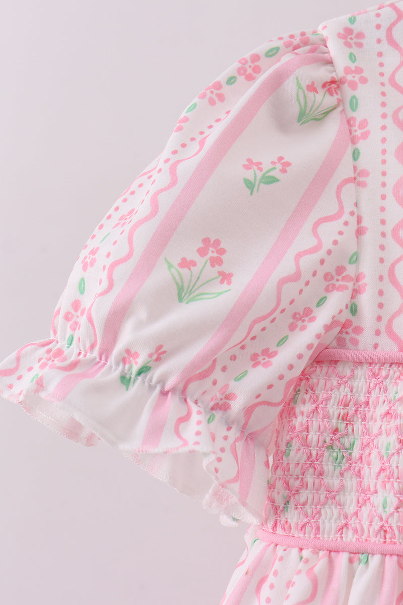 Pink floral bow smocked ruffle pants set