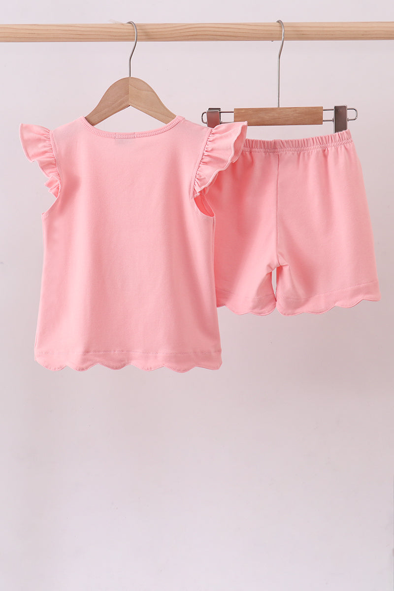 Pink bunny applique ruffle shorts set