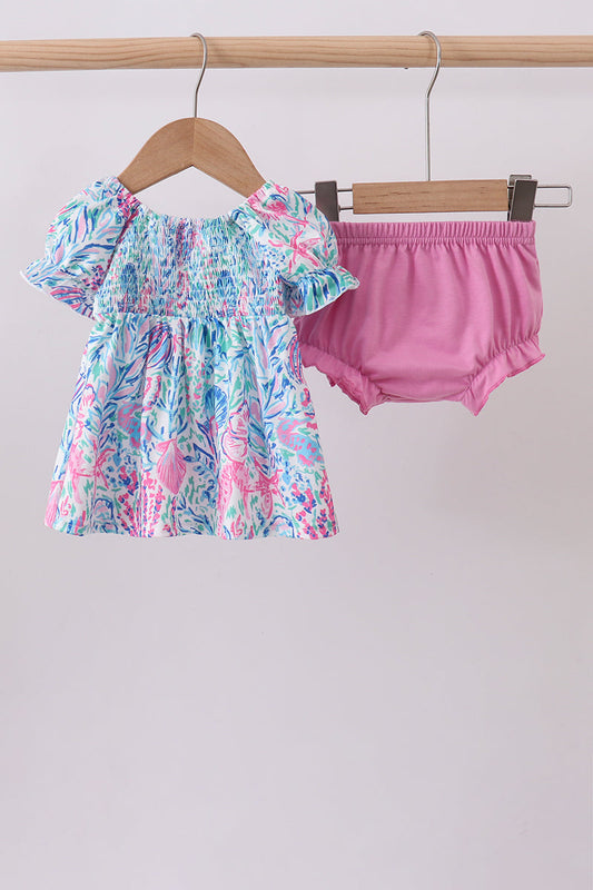 Blue marine smocked ruffle bloomer set