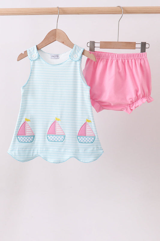 Blue sailboat applique bloomer set
