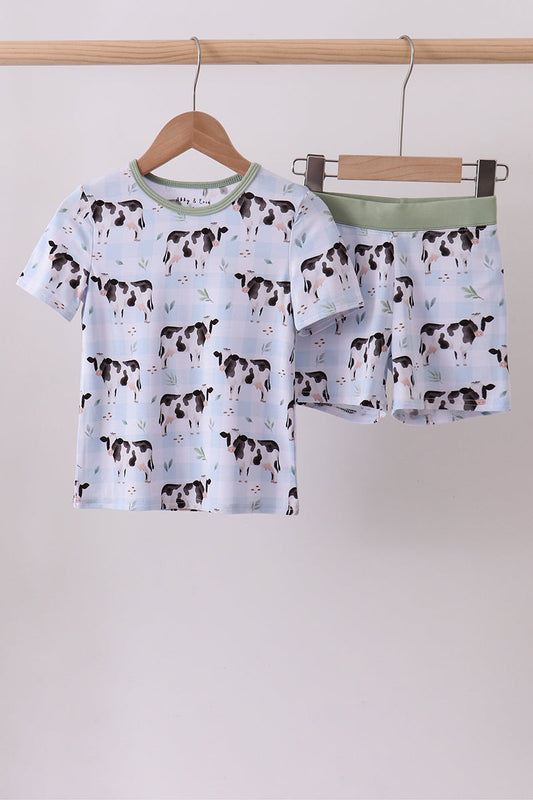 Blue cow print bamboo gingham shorts set