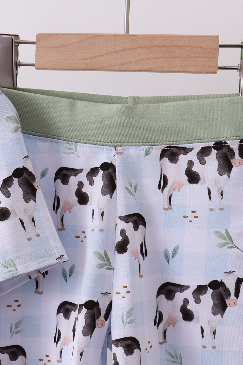 Blue cow print bamboo gingham shorts set