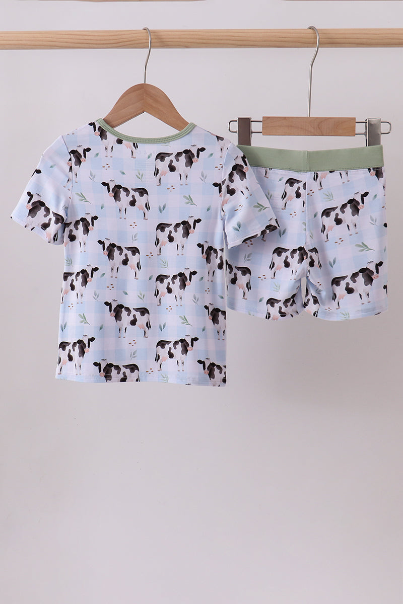 Blue cow print bamboo gingham shorts set