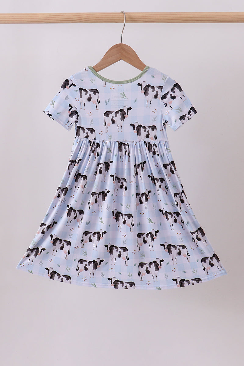 Blue cow print bamboo gingham dress