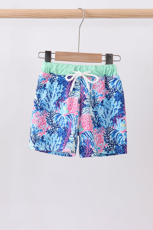 Blue marine creature print swim trunks