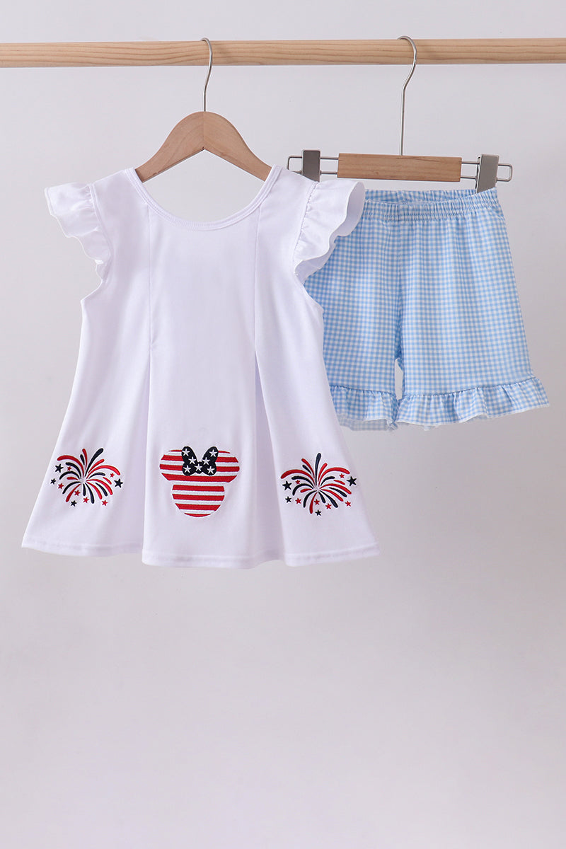 Blue character fireworks embroidery gingham ruffle shorts set