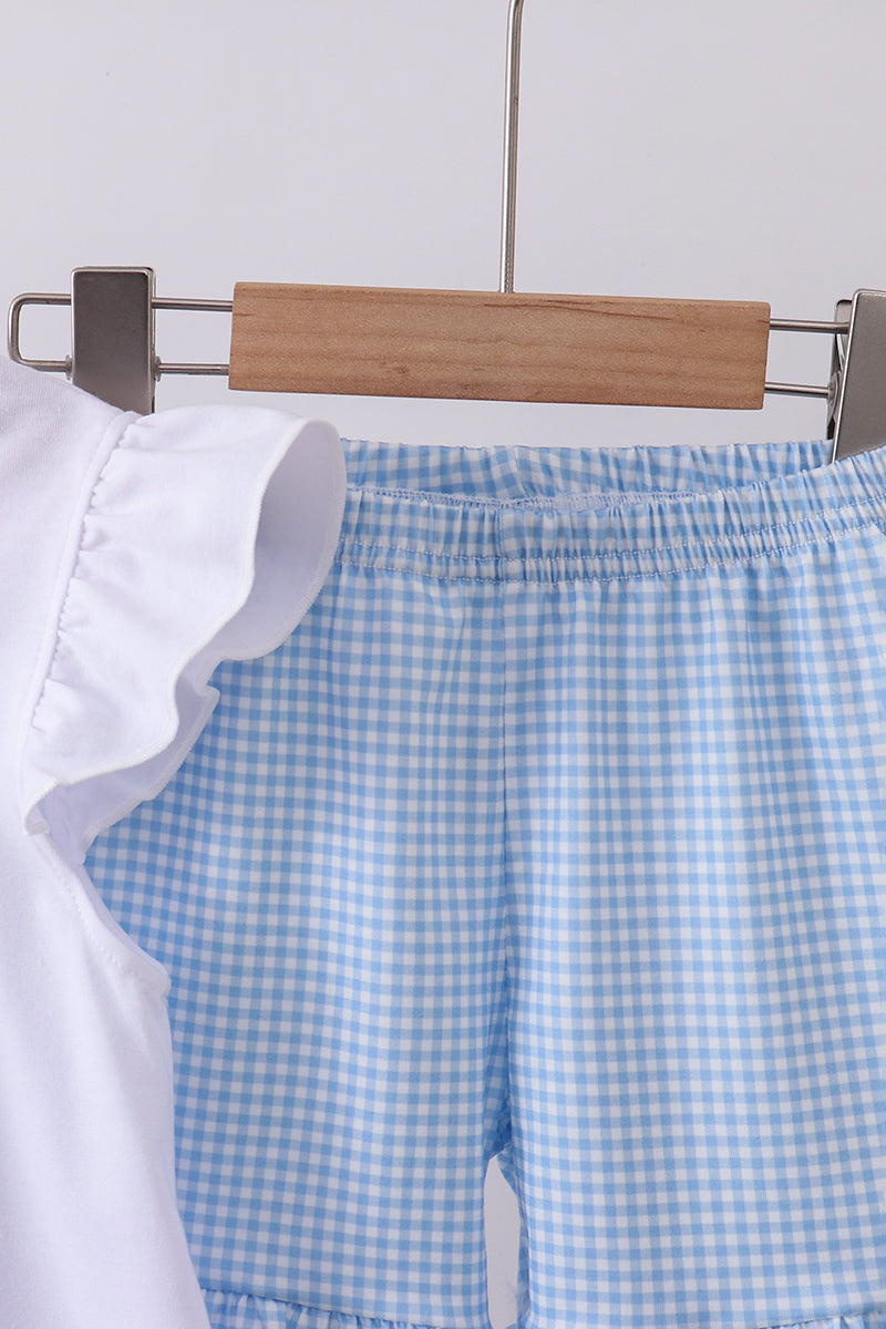 Blue character fireworks embroidery gingham ruffle shorts set