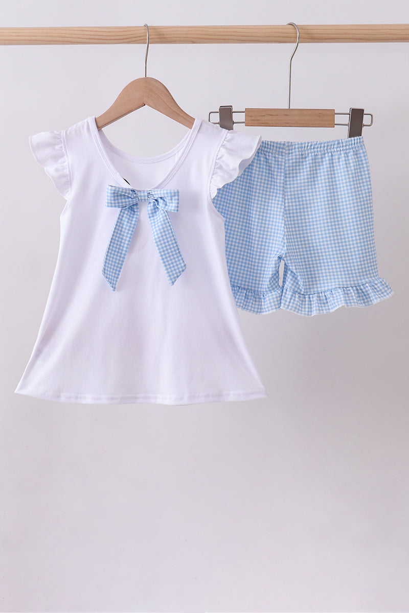 Blue character fireworks embroidery gingham ruffle shorts set
