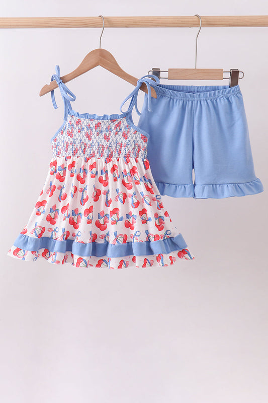 Blue cherry smocked ruffle shorts set