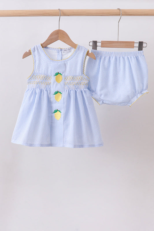 Blue lemon embroidery seersucker bloomer set