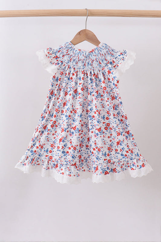 Blue floral lace smocked dress