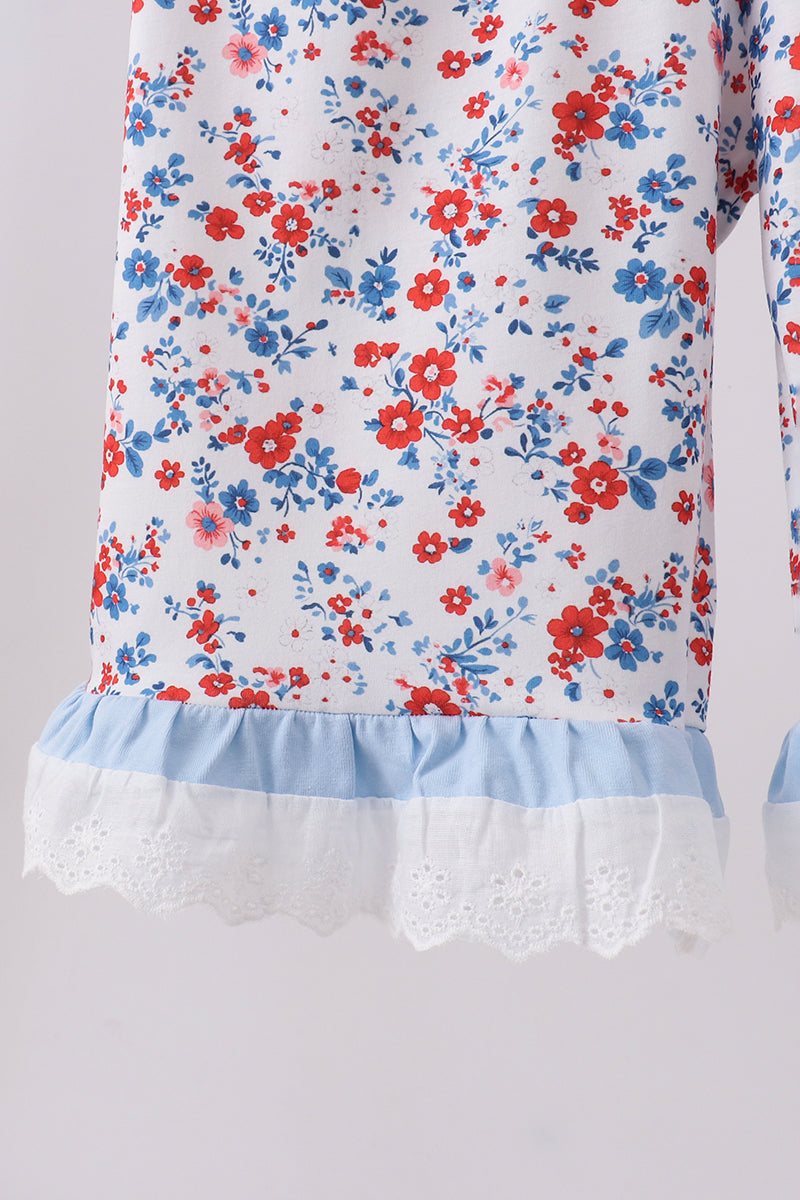 Blue floral lace smocked ruffle jumpsuit