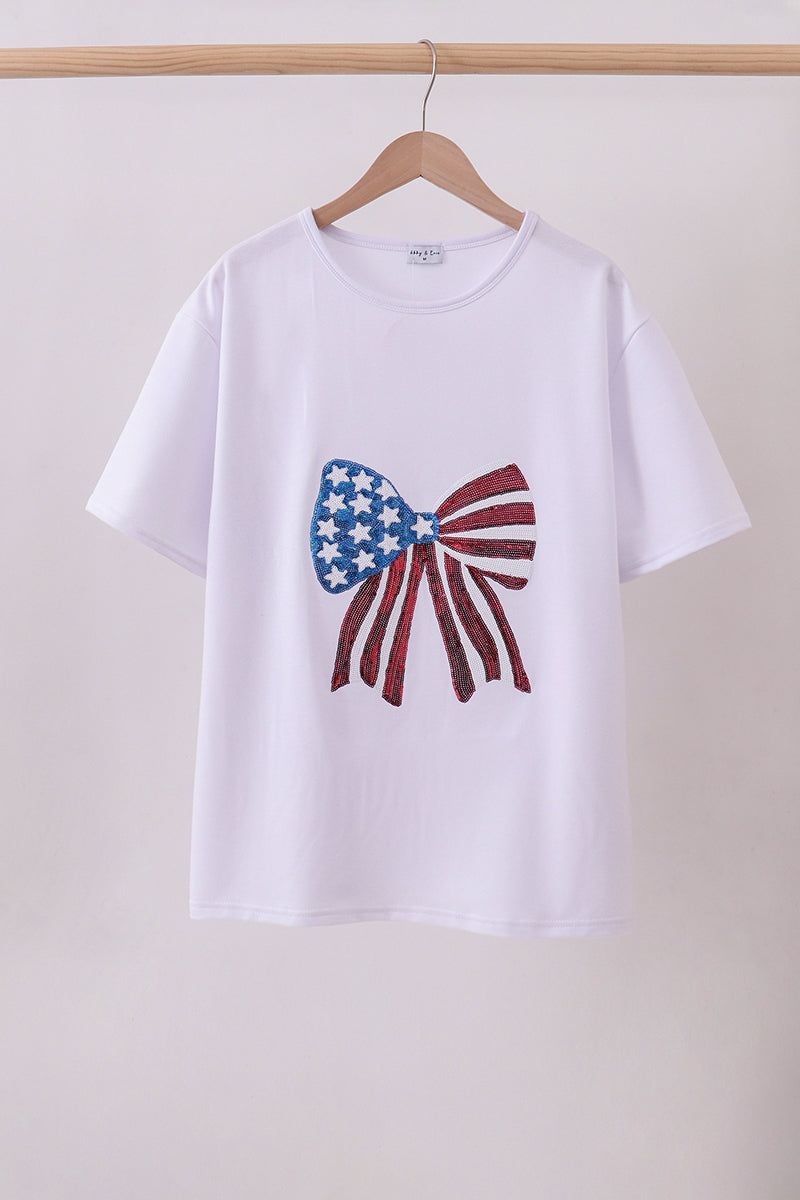 White bow sequin mom&me top