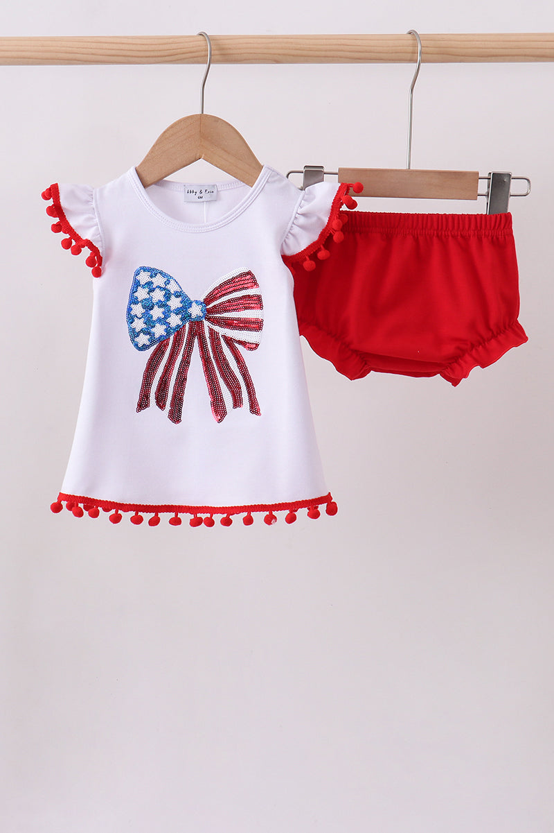 White bow sequin bloomer set