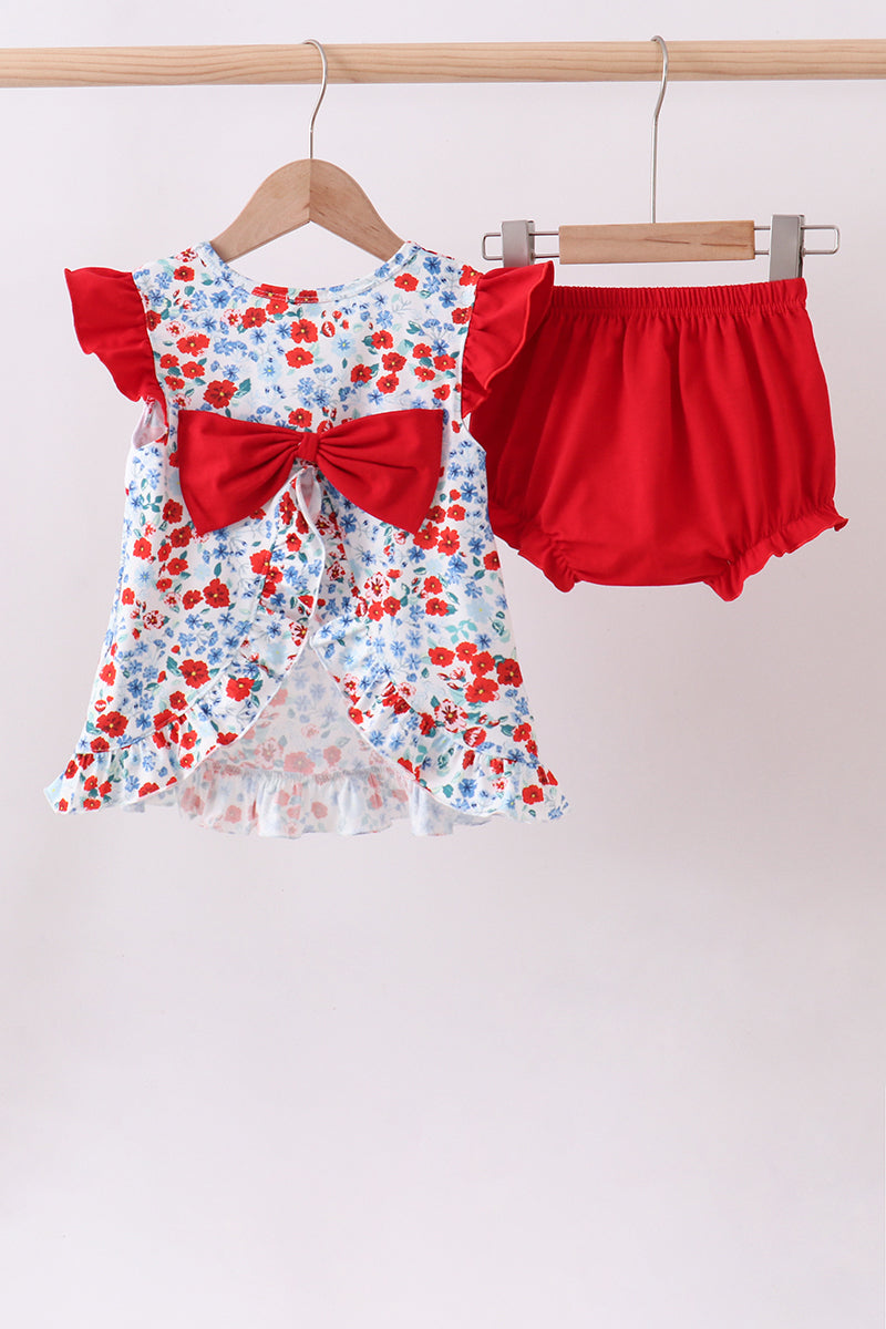 Red floral MAMA's Girl embroidery ruffle bloomer set