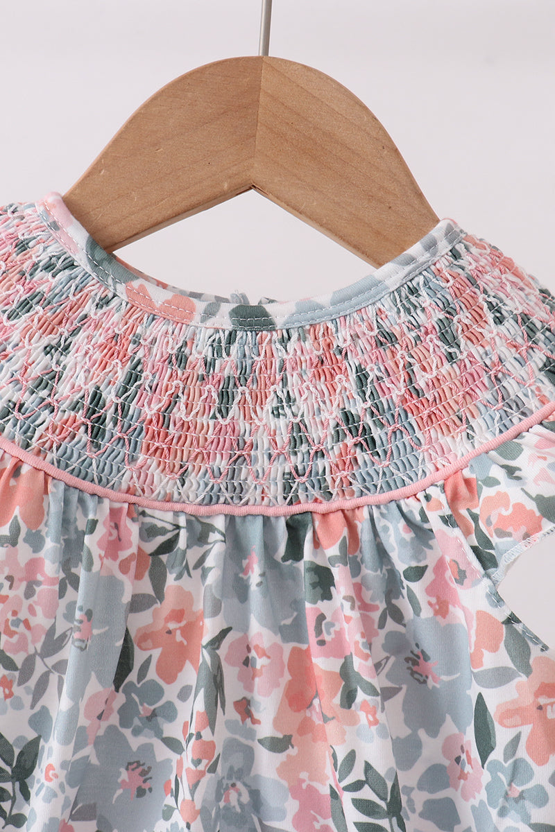 Pink Floral Smocked Bubble