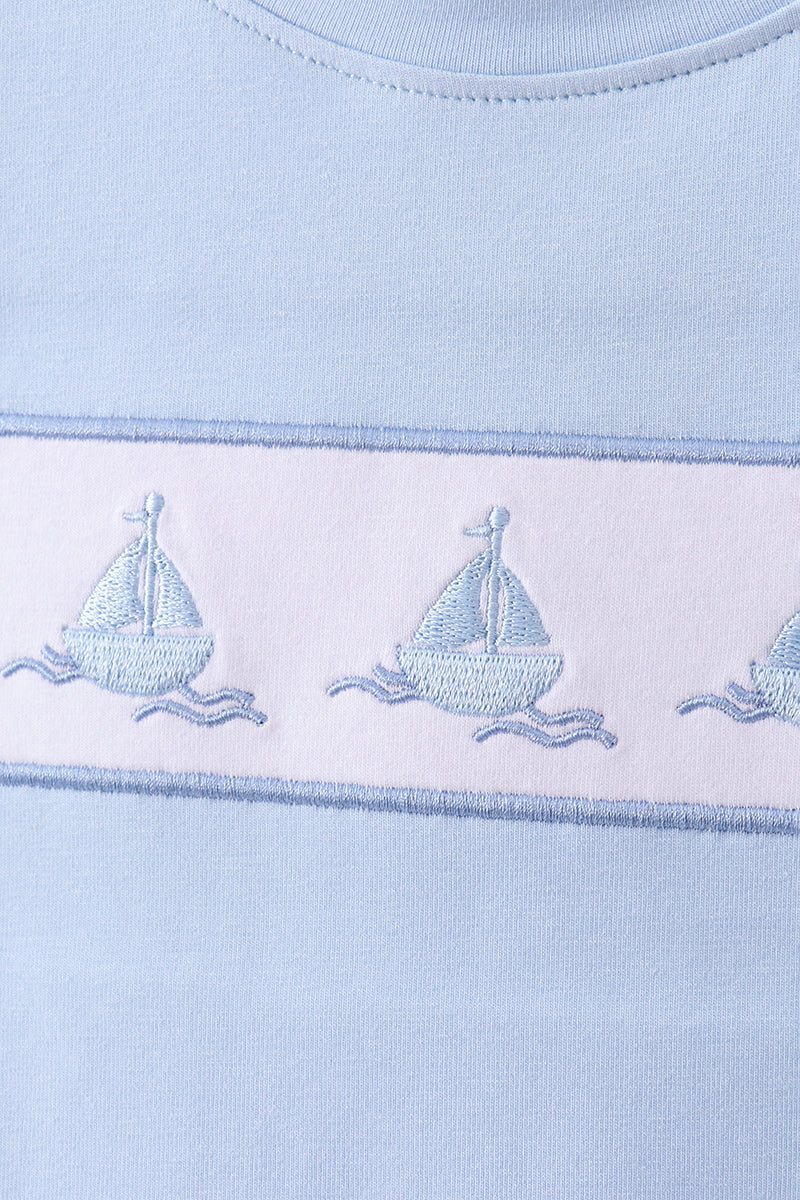 Blue Sailboat Embroidered Set