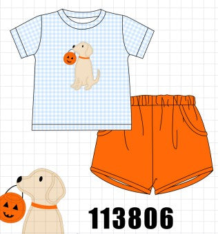 Blue Puppy Pumpkin Applique Shorts Set