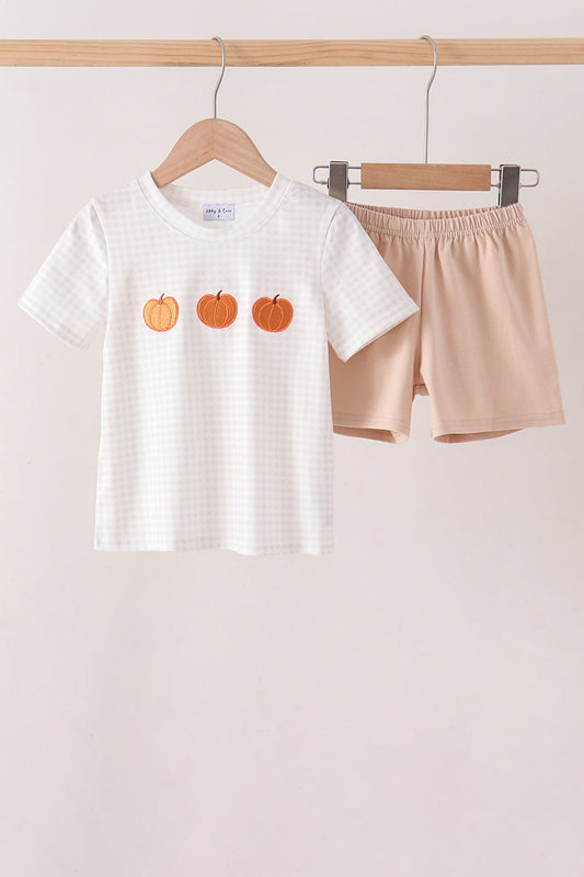 Khaki Pumpkin Embroidery Shorts Set