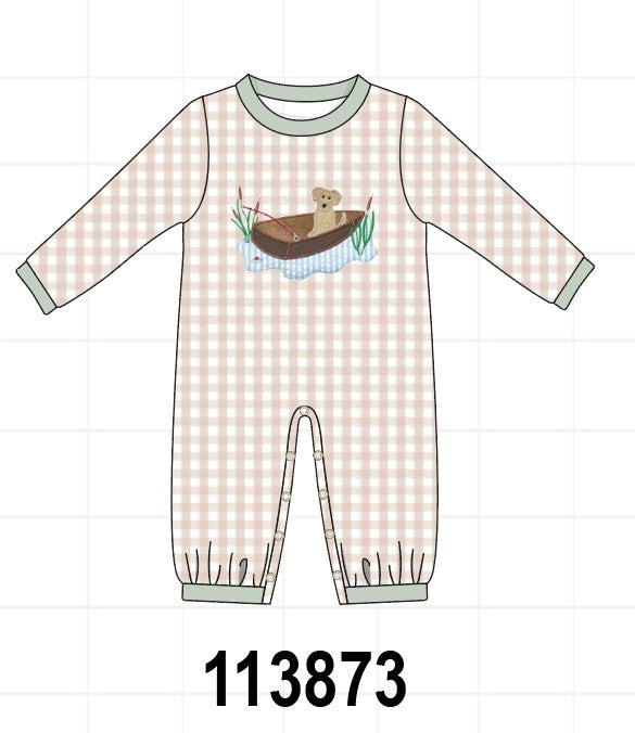 Khaki Puppy Fishing Gingham Romper