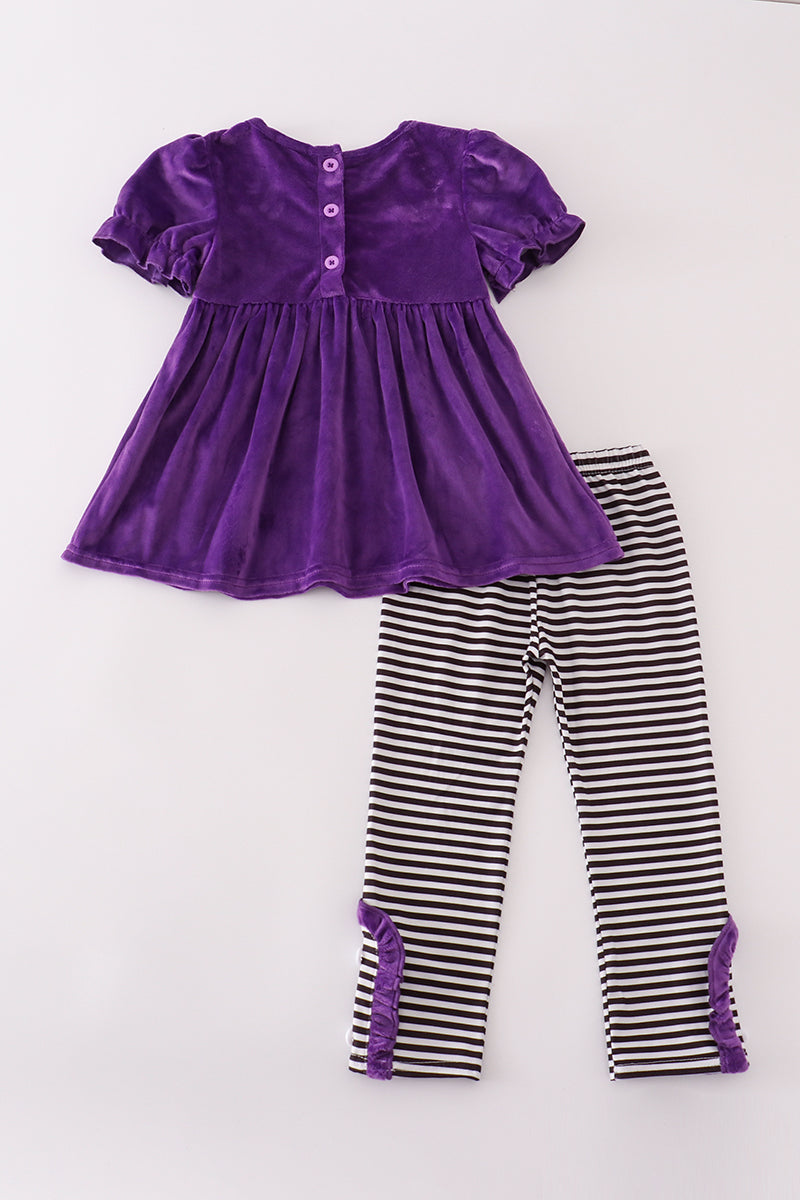 Purple Halloween witch applique velvet pants set