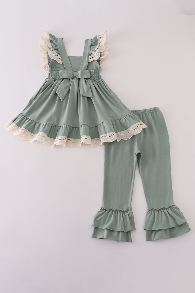 Sage lace ruffle pants set