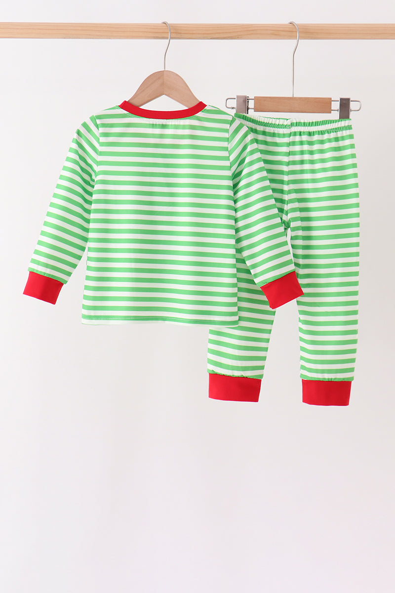 Green stripe grinch embroidery pajama set