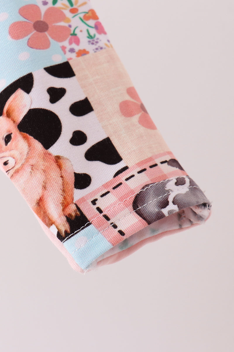 Pink Farm Animals Zip Bamboo Romper