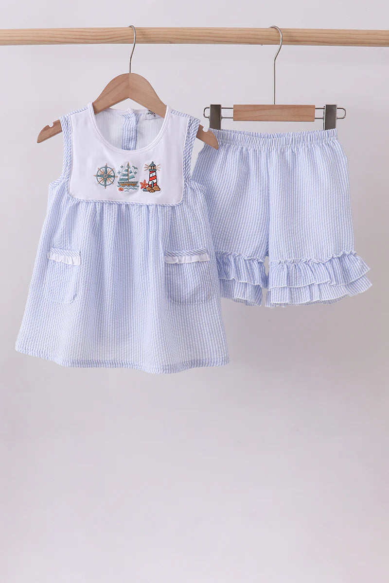 Blue Sailboat Shorts Set