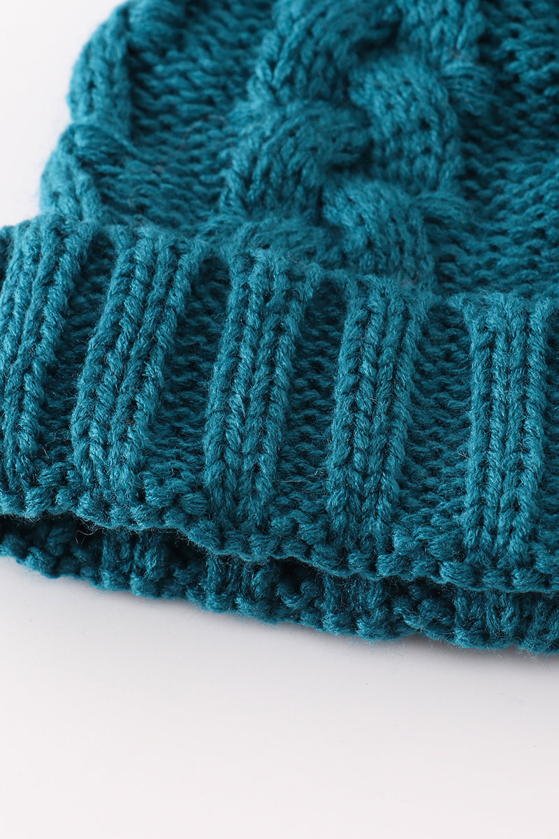 Teal pompom cable beanie hat