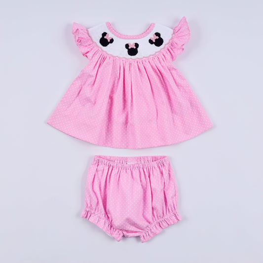 Pink character hand smocked dot ruffle bloomer set