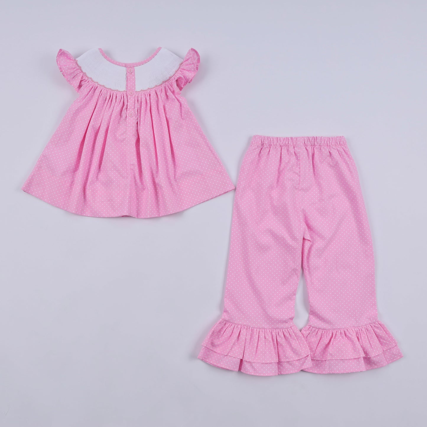 Pink character hand smocked dot ruffle pants set