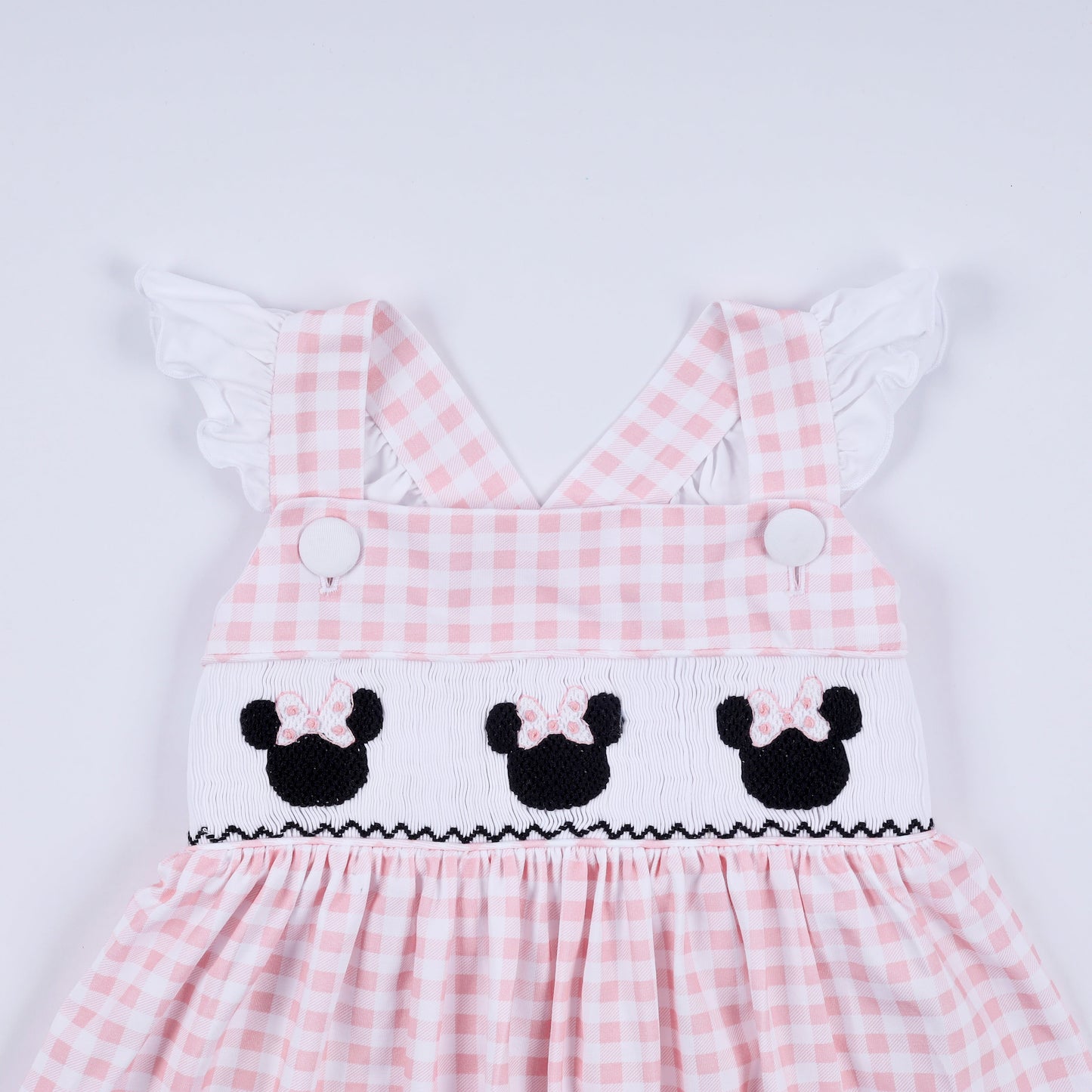 Pink character hand smocked gingham ruffle dress