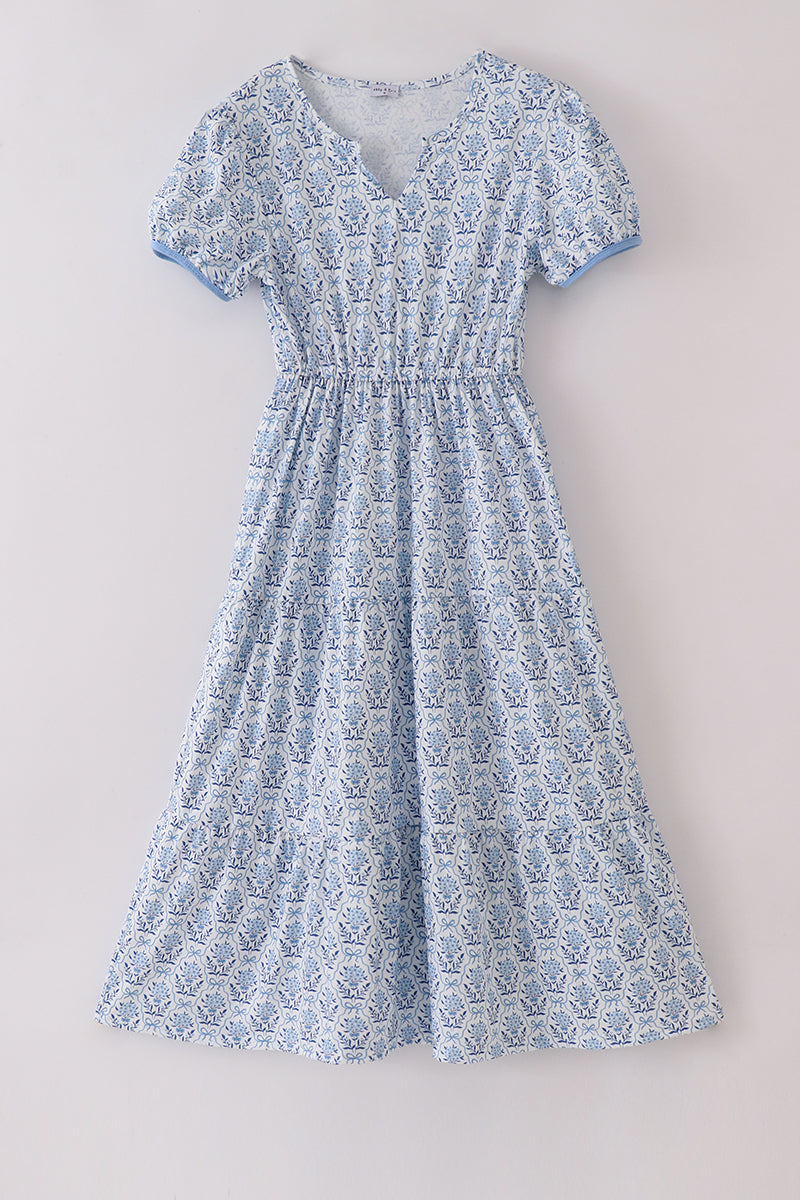 Blue toile garden bow mom tiered dress