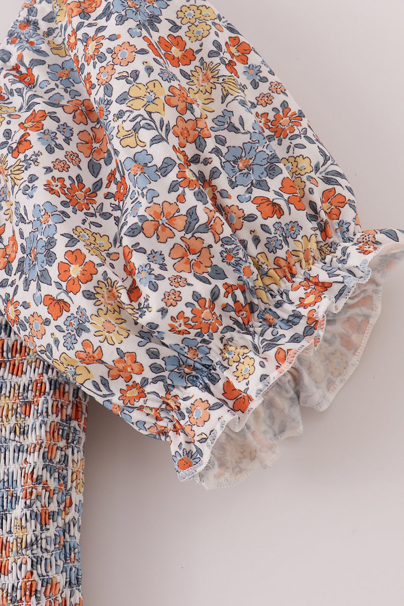 Fall floral print smocked mom dress