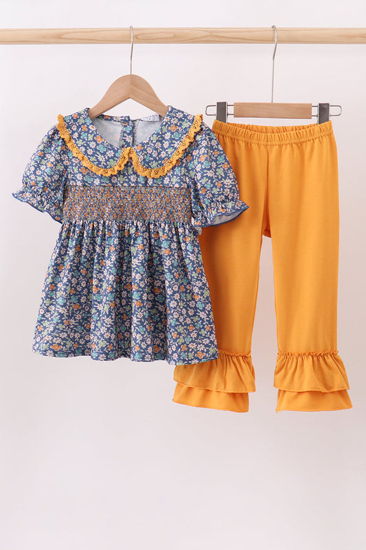 Navy floral smocked ruffle pants set