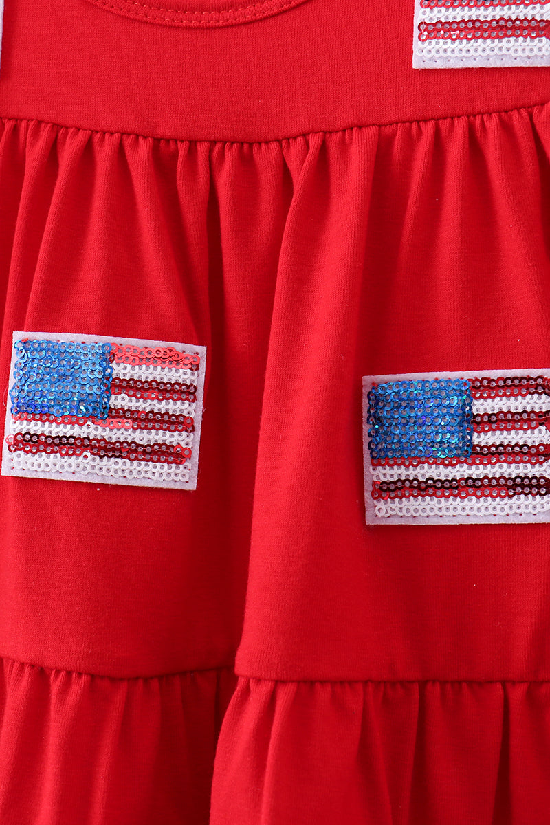Red flag sequin tiered ruffle dress