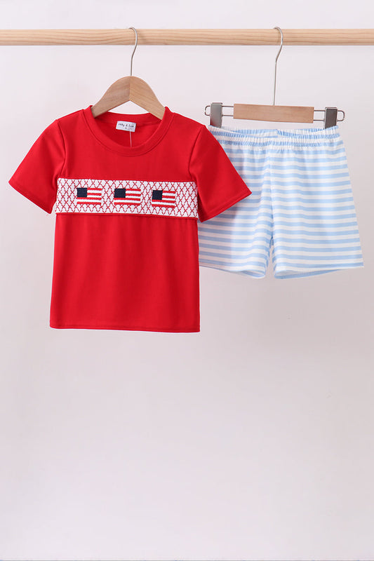 Red flag smocked stripe shorts set