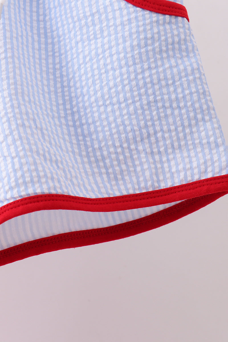 Red flag smocked seersucker shorts set