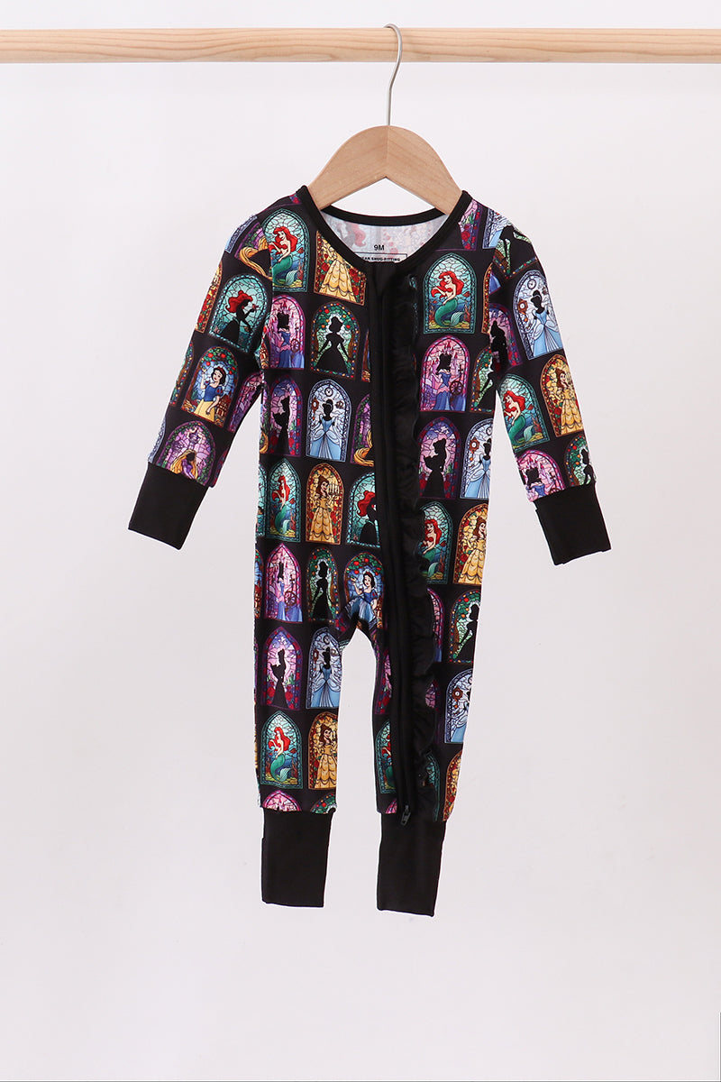 Black princess bamboo zipper ruffle romper