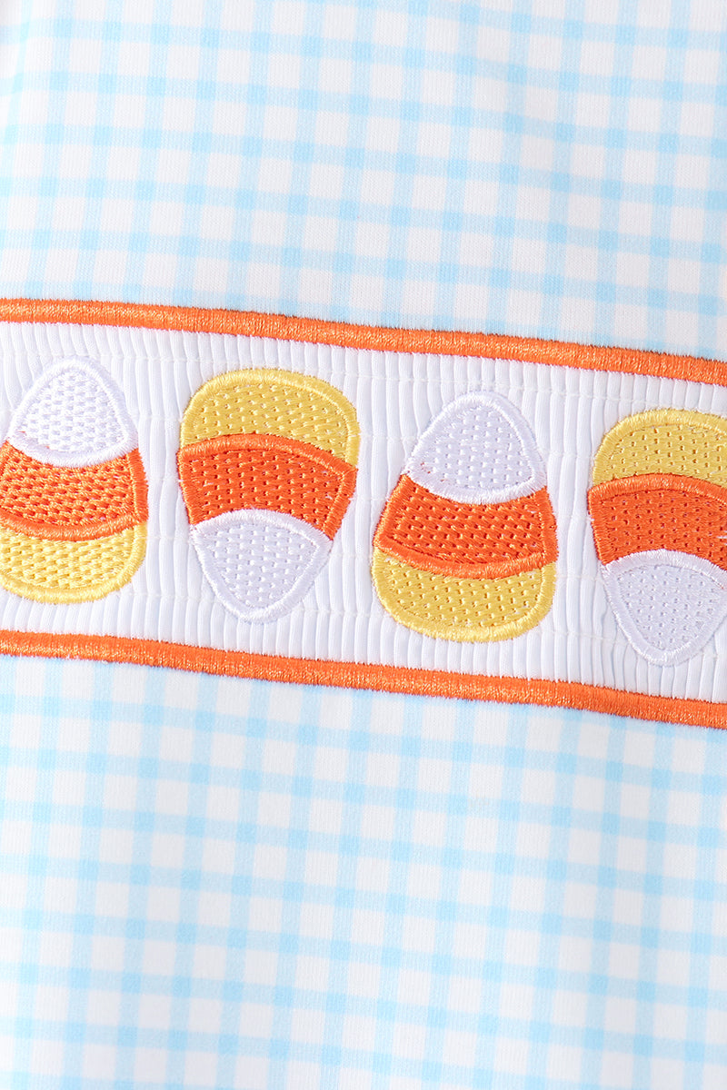 Blue Gingham Candy Corn Embroidery Bubble