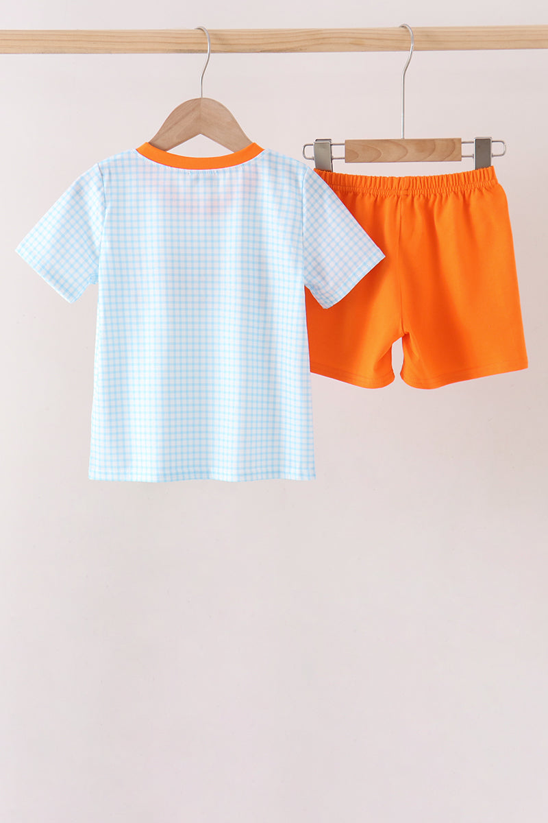 Blue Gingham Candy Corn Embroidery Shorts Set