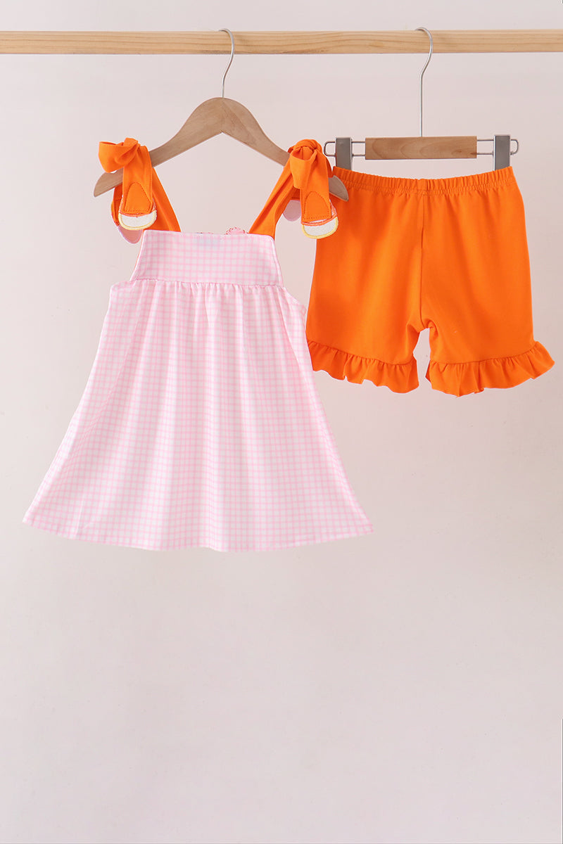 Pink Gingham Candy Corn Ruffle Shorts Set