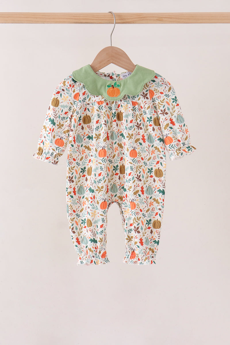 Fall pumpkin embroidery leaves romper