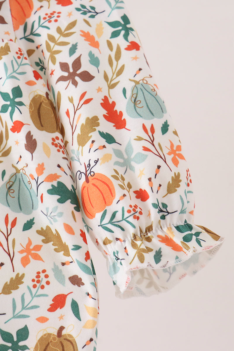 Fall pumpkin embroidery leaves romper